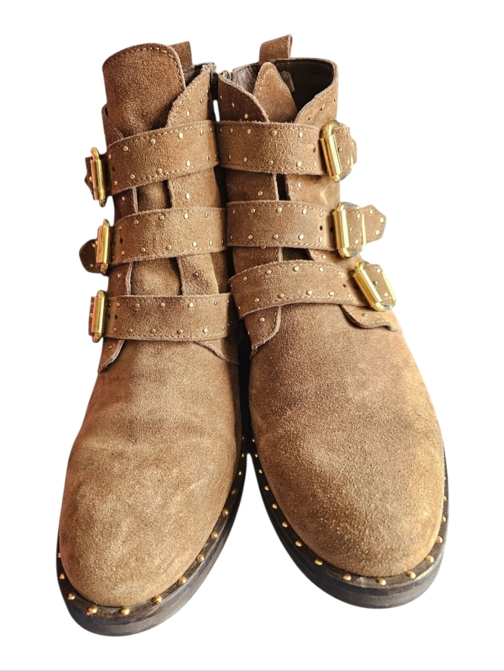Minelli Italy Studded Leather Suede Ankle Boots With Buckle Dark Taupe Size 39 - Picture 7 of 11